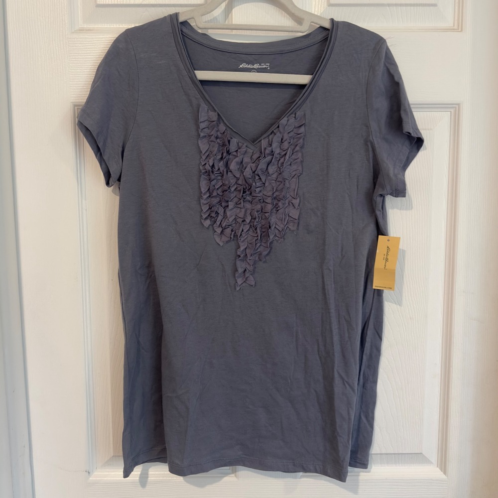 Eddie Bauer Womens Ruffle V-Neck Short Sleeve Cotton Tee Winter Blue Medium NWT